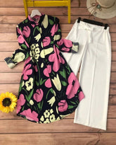 Black Floral Digital Print Kurti with White Lycra Plazzo – Classy & Trendy Outfit